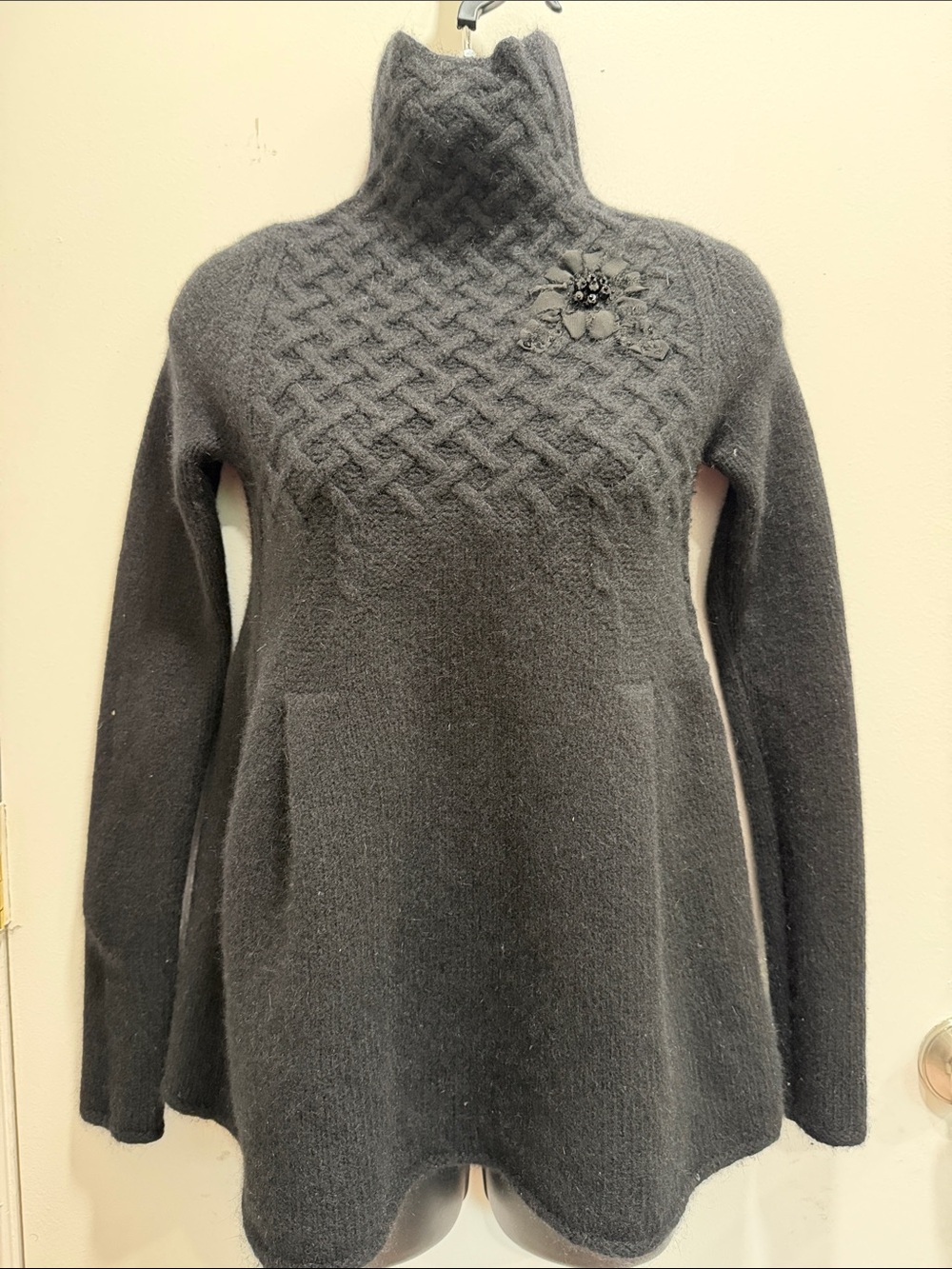 Women's Quilted Turtleneck Sweater with Floral Detail - Black